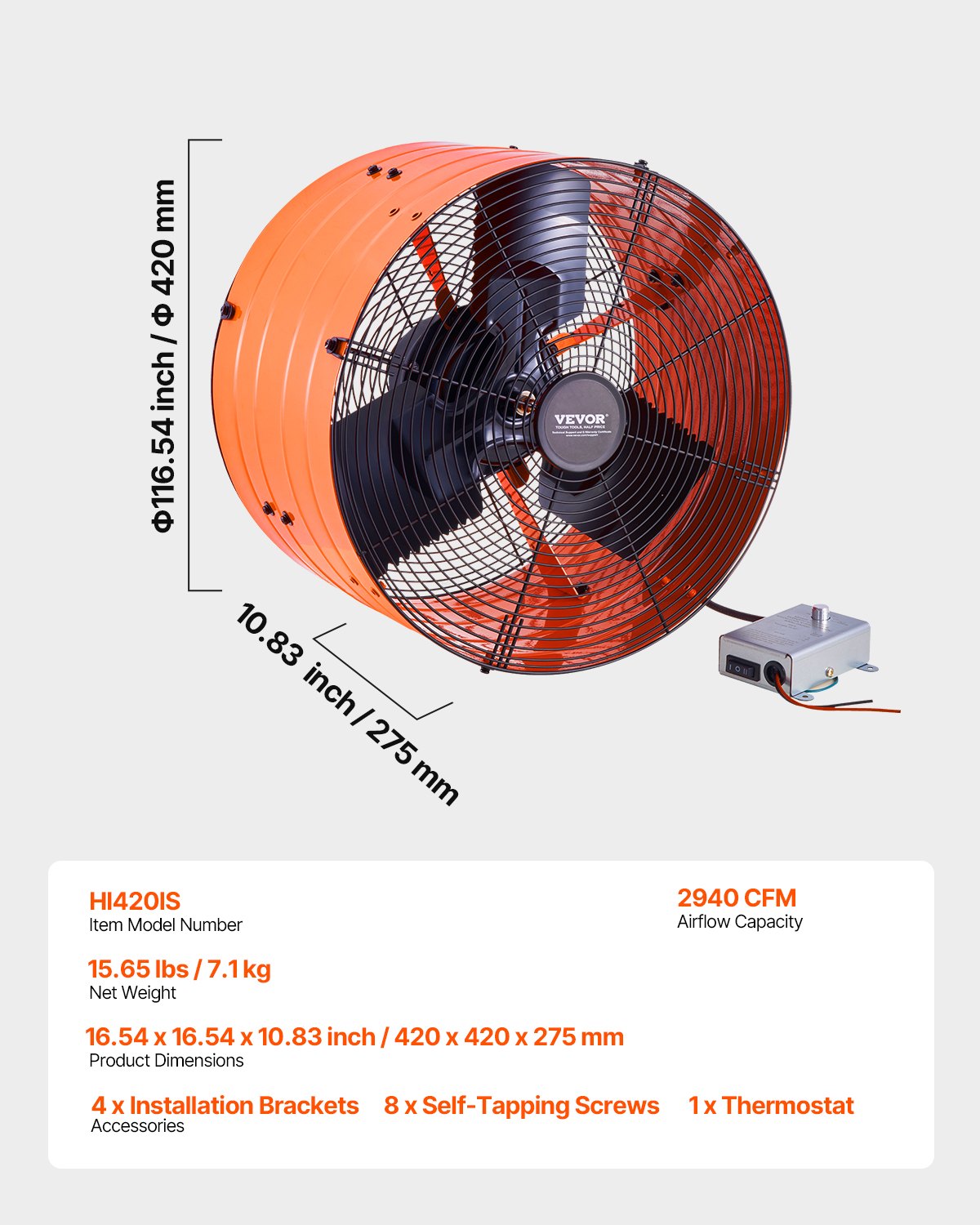 VEVOR Gable Mount Fan, 16 Inch Attic Exhaust Fan with Adjustable Thermostat & Outer Mesh, 2940 CFM House Ventilator Cools Up to 4200 Sq.Ft, Quiet Ventilation for Roof, Garage & Shop, Vibrant Orange