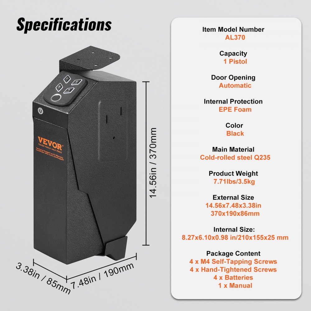 VEVOR Mounted Gun Safe for Pistols, Biometric Gun Safe with Three Quick Access Ways of Fingerprints, Passwords and Keys, Handgun Safe for 1 Pistol for Home, Bedside, Nightstand, Wall