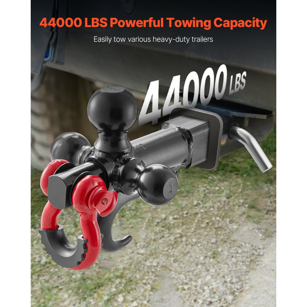 VEVOR Trailer Hitch, Tri-Ball Mount with Hook & D-ring, Trailer Ball Size 1-7/8", 2" & 2-5/16", Fit 2-Inch Hitch Receiver, Max 44000 lbs Ball Hitch, Towing Hitch for RVs, SUVs, ATVs, and Trucks, Black