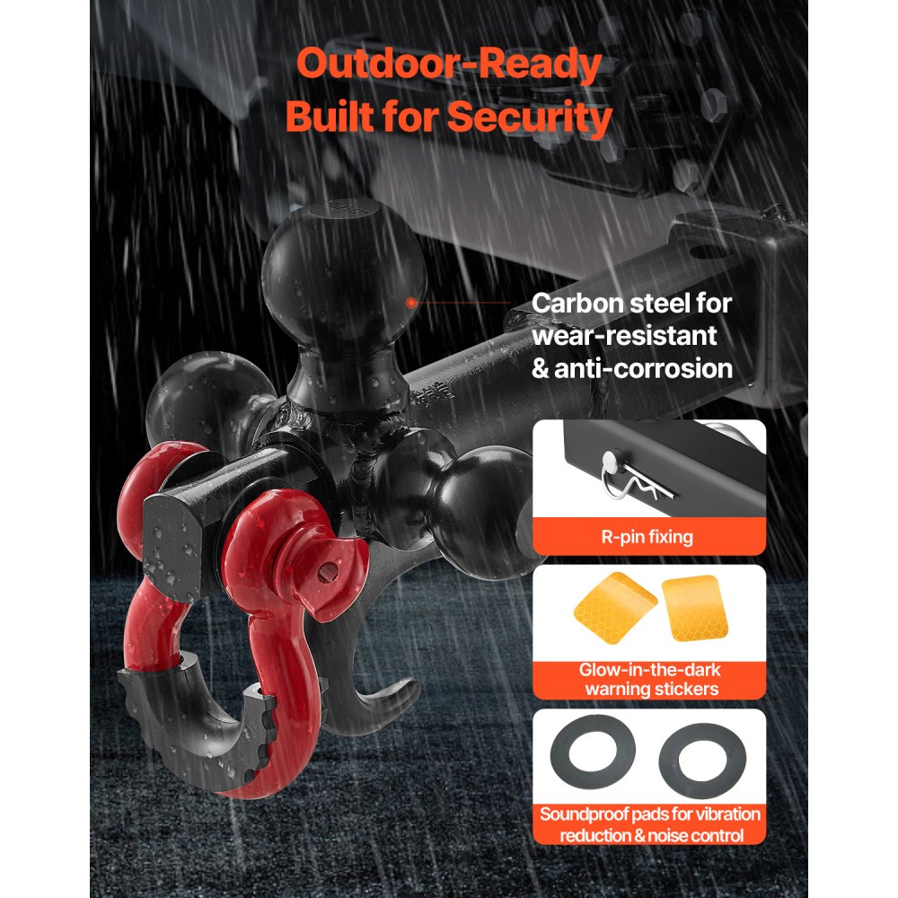 VEVOR Trailer Hitch, Tri-Ball Mount with Hook & D-ring, Trailer Ball Size 1-7/8", 2" & 2-5/16", Fit 2-Inch Hitch Receiver, Max 44000 lbs Ball Hitch, Towing Hitch for RVs, SUVs, ATVs, and Trucks, Black