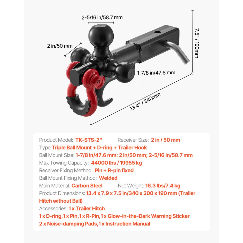 VEVOR Trailer Hitch, Tri-Ball Mount with Hook & D-ring, Trailer Ball Size 1-7/8", 2" & 2-5/16", Fit 2-Inch Hitch Receiver, Max 44000 lbs Ball Hitch, Towing Hitch for RVs, SUVs, ATVs, and Trucks, Black