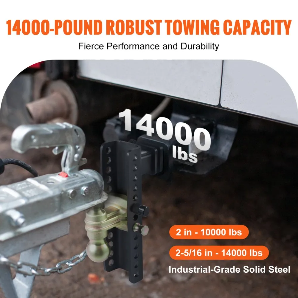 VEVOR adjustable trailer hitch with 14000-pound towing capacity attached to a vehicle.