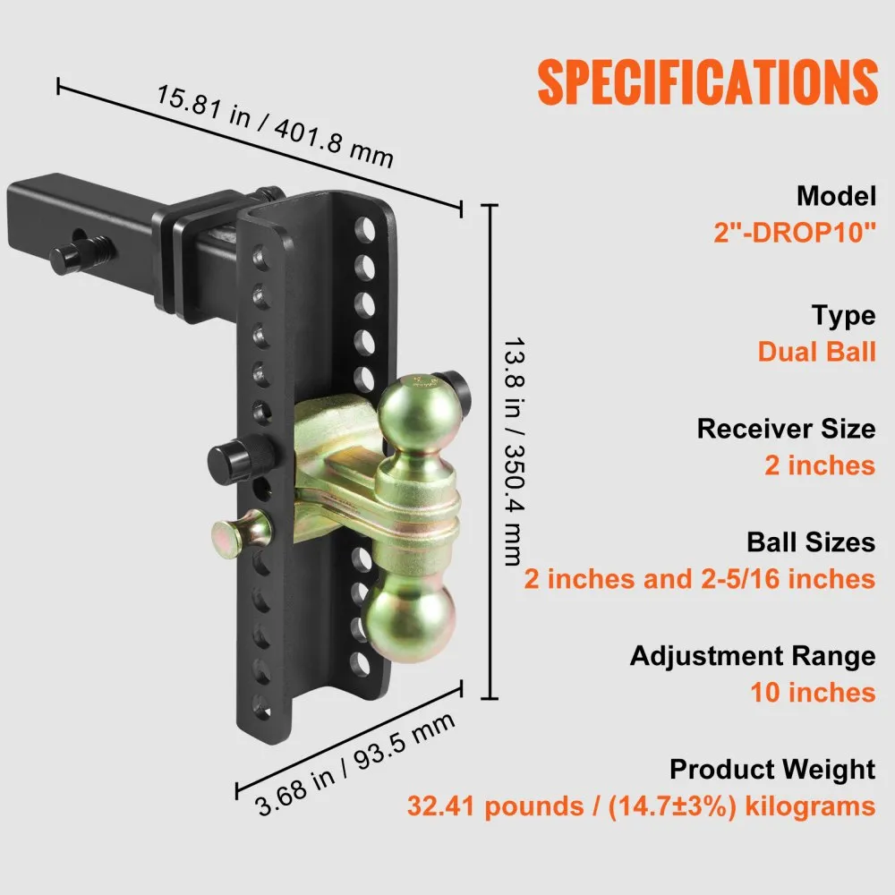 VEVOR adjustable trailer hitch, dual ball, 10-inch adjustment range, 2-inch receiver size, 32.41 lbs.
