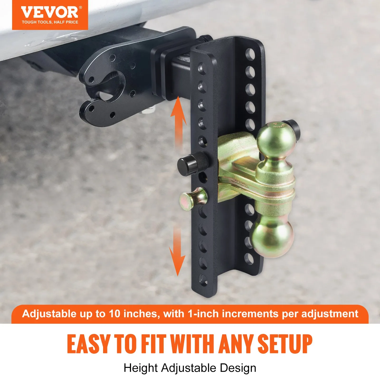 VEVOR adjustable trailer hitch with height adjustment up to 10 inches and 1-inch increments per adjustment.