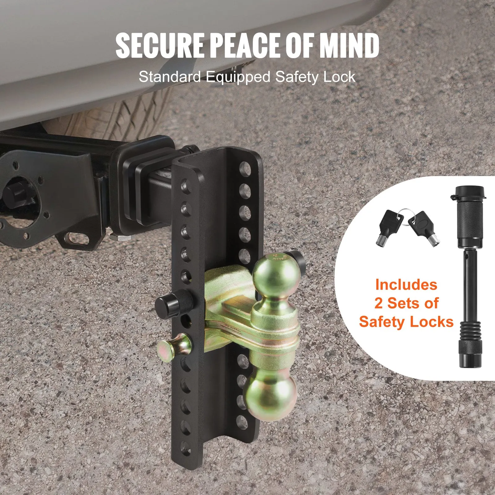 VEVOR adjustable trailer hitch attached to vehicle with safety locks, includes 2 sets of safety locks.