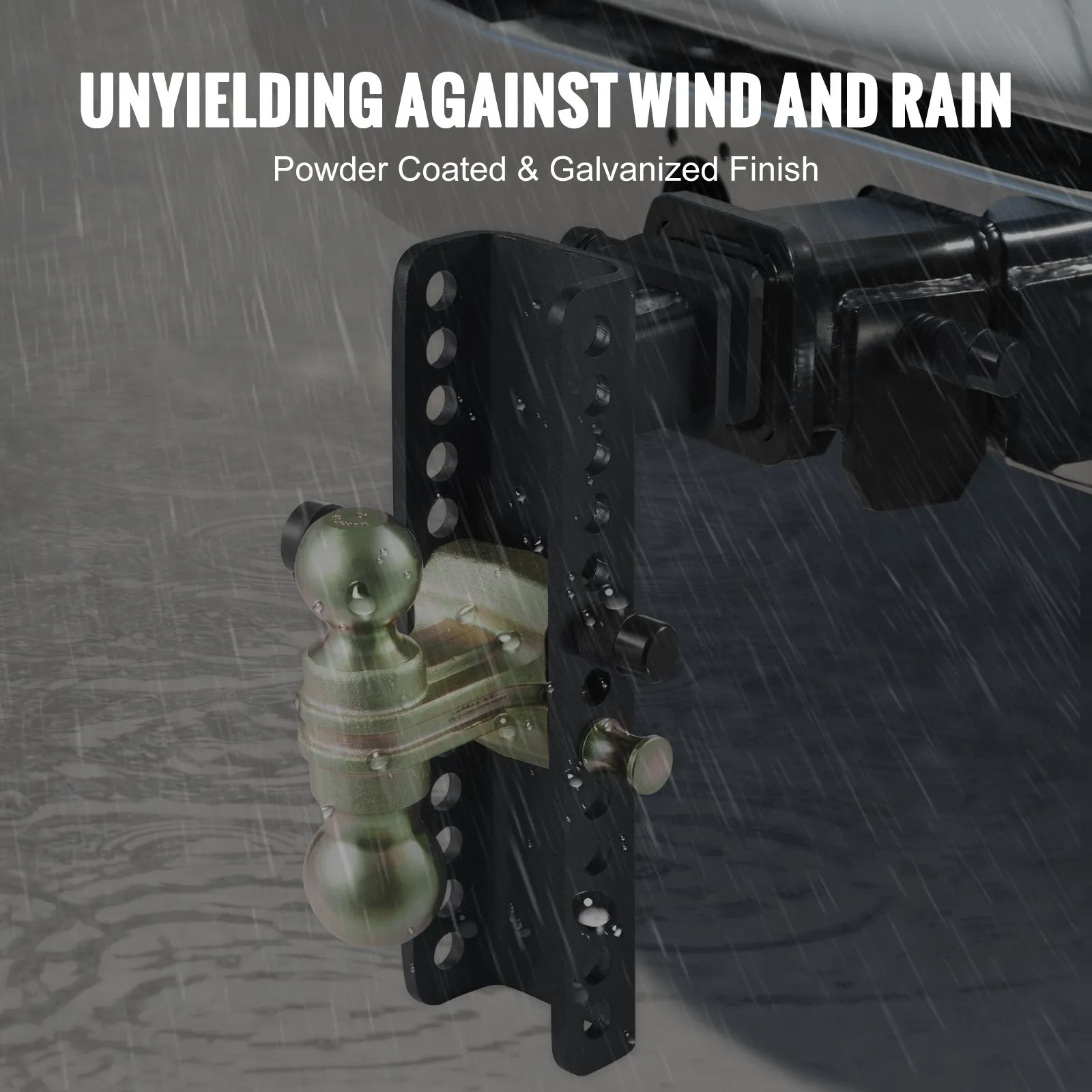 VEVOR adjustable trailer hitch in heavy rain with powder-coated and galvanized finish, durable against weather.