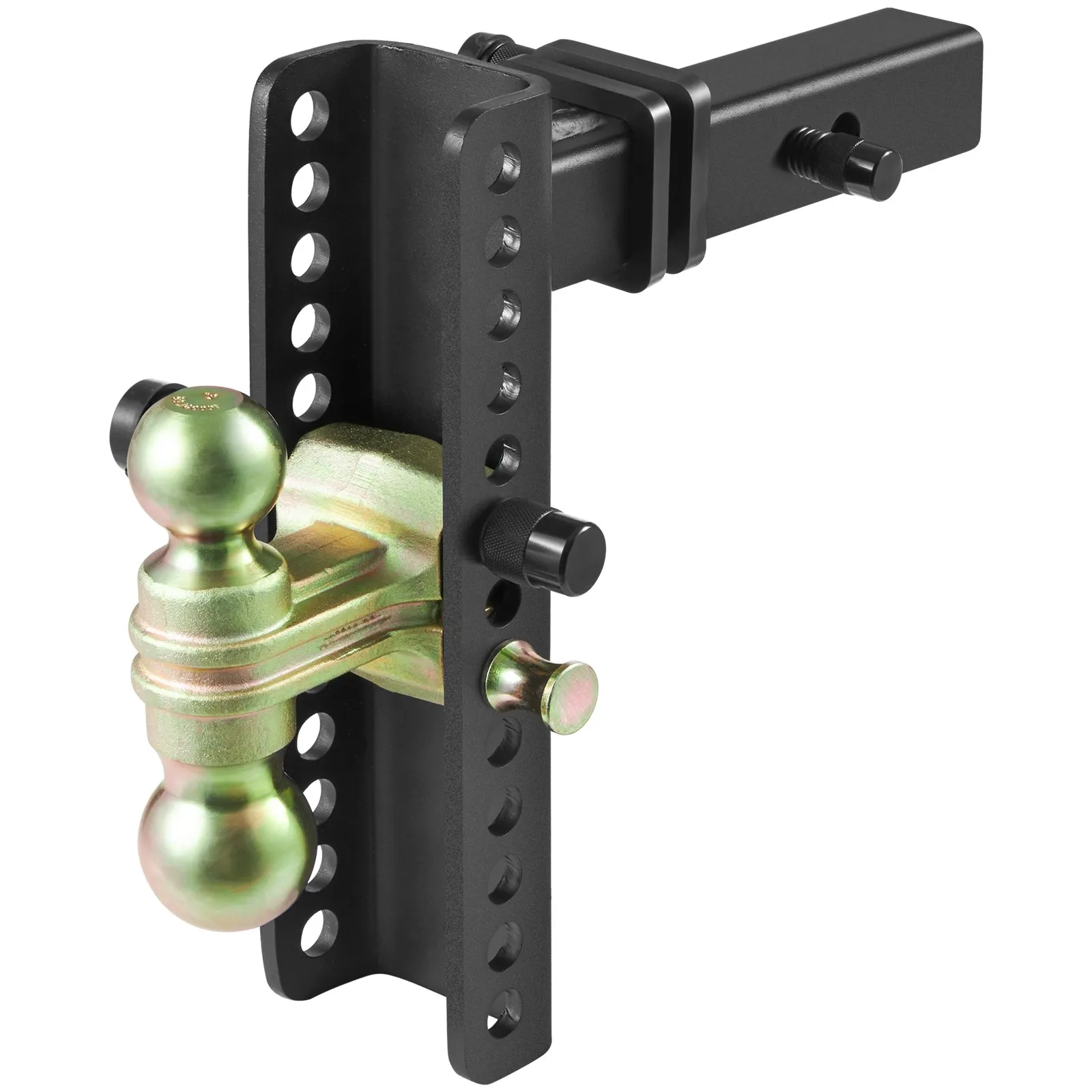 VEVOR adjustable trailer hitch with dual ball mount, black bracket, and multiple height adjustments.
