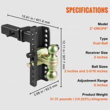 VEVOR Adjustable Trailer Hitch, 8-Inch Drop & 6.5-Inch Rise Hitch Ball Mount with 2-Inch Receiver, Solid Tube, 14,000 lbs GTW, 2-Inch and 2-5/16-Inch 45# Steel Tow Balls with Key Lock for Truck Towing