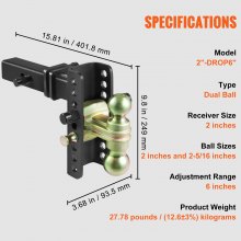 VEVOR Adjustable Trailer Hitch, 6-Inch Drop & 4.5-Inch Rise Hitch Ball Mount with 2-Inch Receiver, Solid Tube, 14,000 lbs GTW, 2-Inch and 2-5/16-Inch 45# Steel Tow Balls with Key Lock for Truck Towing