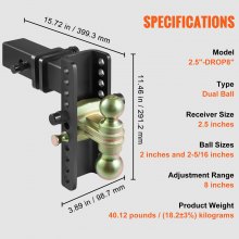 VEVOR Adjustable Trailer Hitch, 203.2 mm Drop & 165.1 mm Rise Hitch Ball Mount with 63.5 mm Receiver, Solid Tube, 6577 kg GTW, 50.8 mm & 58.7 mm 45# Steel Tow Balls with Key Lock for Truck Towing