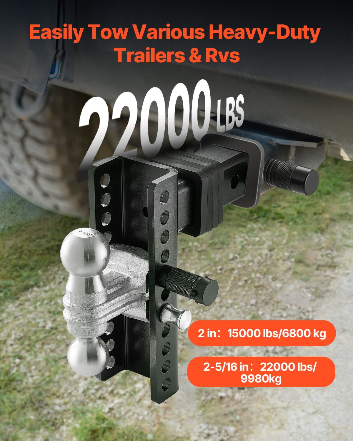 VEVOR justerbar dragkrok, 20 cm kulfäste, passar 6,35 cm dragkrok, kraftig dragkrok med 5,5 cm och 6,35 cm kulor, 9000 kg totalvikt, dragkrok med stöldskyddsstift, solid kulfäste