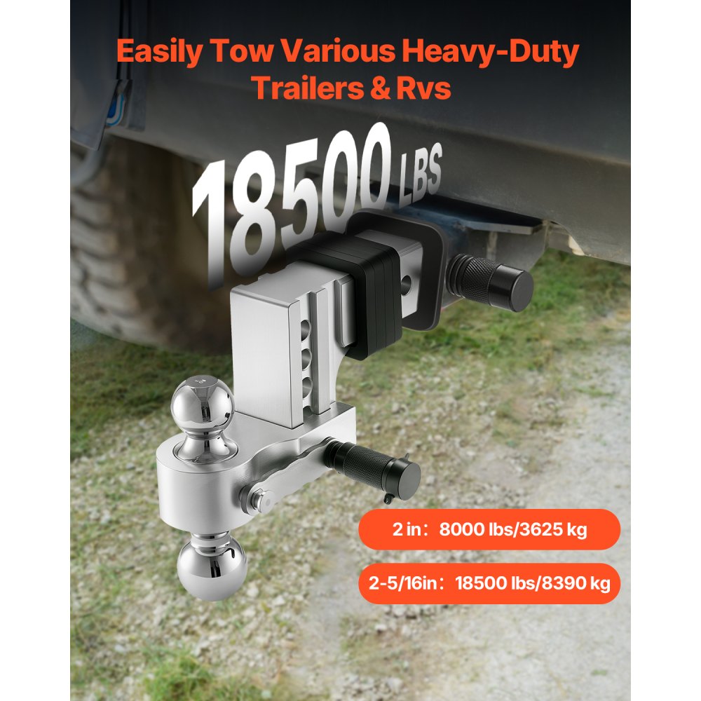 VEVOR Adjustable Trailer Hitch, 4-Inch Drop Hitch Ball Mount, Fit 2.5-Inch Receiver, Heavy Duty Aluminum Alloy Tow Hitch with 2" & 2-5/16" Balls, 18500 lbs GTW, Receiver Hitch with Anti-theft Pin