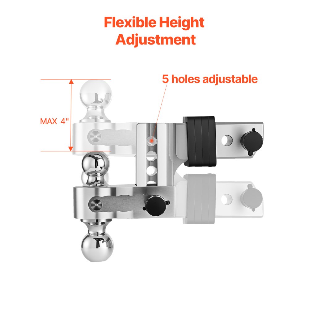 VEVOR Adjustable Trailer Hitch, 4-Inch Drop Hitch Ball Mount, Fit 2.5-Inch Receiver, Heavy Duty Aluminum Alloy Tow Hitch with 2" & 2-5/16" Balls, 18500 lbs GTW, Receiver Hitch with Anti-theft Pin