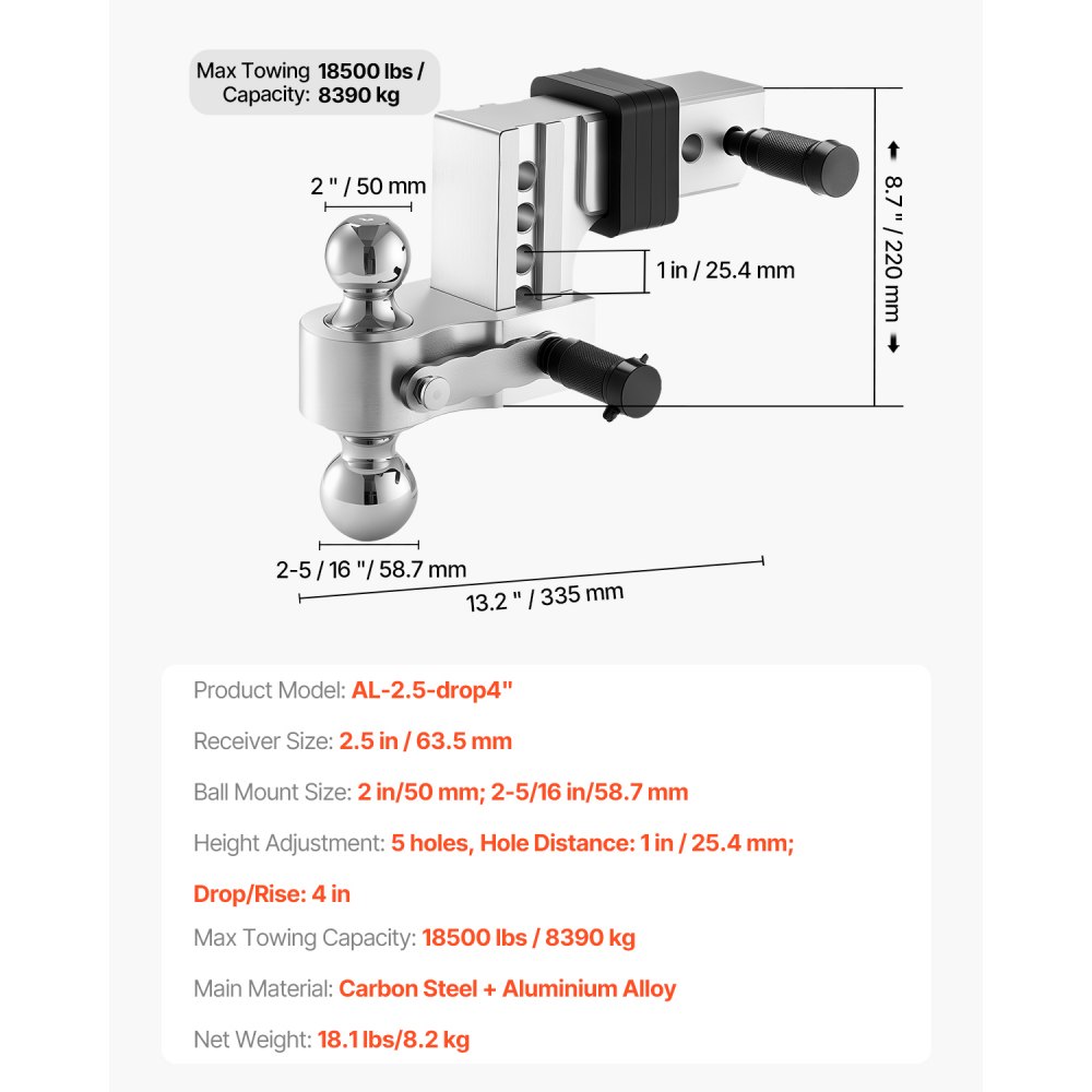 VEVOR Adjustable Trailer Hitch, 4-Inch Drop Hitch Ball Mount, Fit 2.5-Inch Receiver, Heavy Duty Aluminum Alloy Tow Hitch with 2" & 2-5/16" Balls, 18500 lbs GTW, Receiver Hitch with Anti-theft Pin