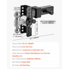 Adjustable Trailer Hitch 2.5" Receiver 6" Drop Tri-Ball Hitch 22000 lbs