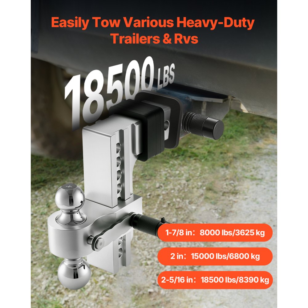 VEVOR Adjustable Trailer Hitch, 8-Inch Drop Hitch, Tri-Ball Mount for 2.5-Inch Hitch Receiver, Trailer Ball Size 1-7/8", 2" & 2-5/16", Max 18500 lbs Ball Hitch, Towing Hitch for RVs, ATVs, and Trucks