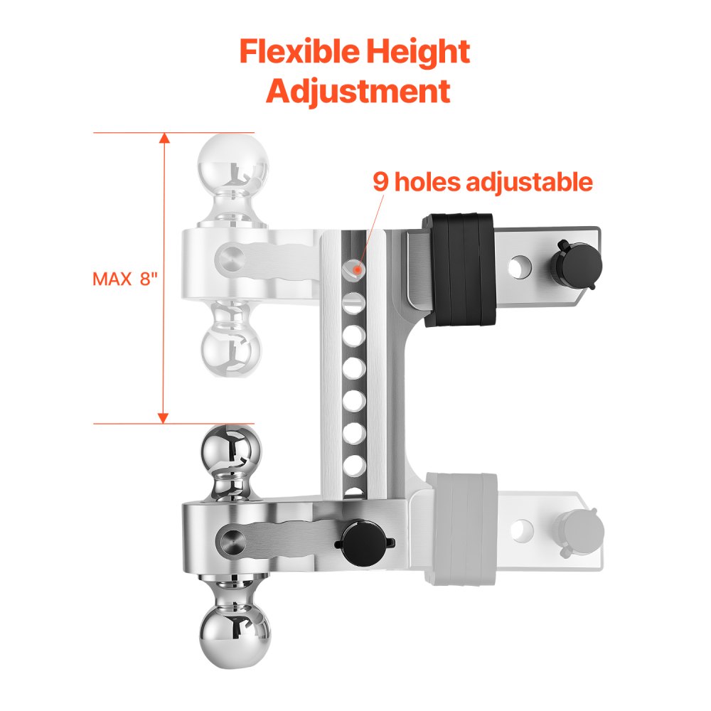 VEVOR Adjustable Trailer Hitch, 8-Inch Drop Hitch, Tri-Ball Mount for 2.5-Inch Hitch Receiver, Trailer Ball Size 1-7/8", 2" & 2-5/16", Max 18500 lbs Ball Hitch, Towing Hitch for RVs, ATVs, and Trucks