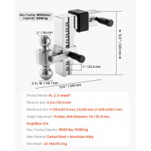 Adjustable Trailer Hitch 2.5" Receiver 8" Drop Tri-Ball Hitch 18500 lbs