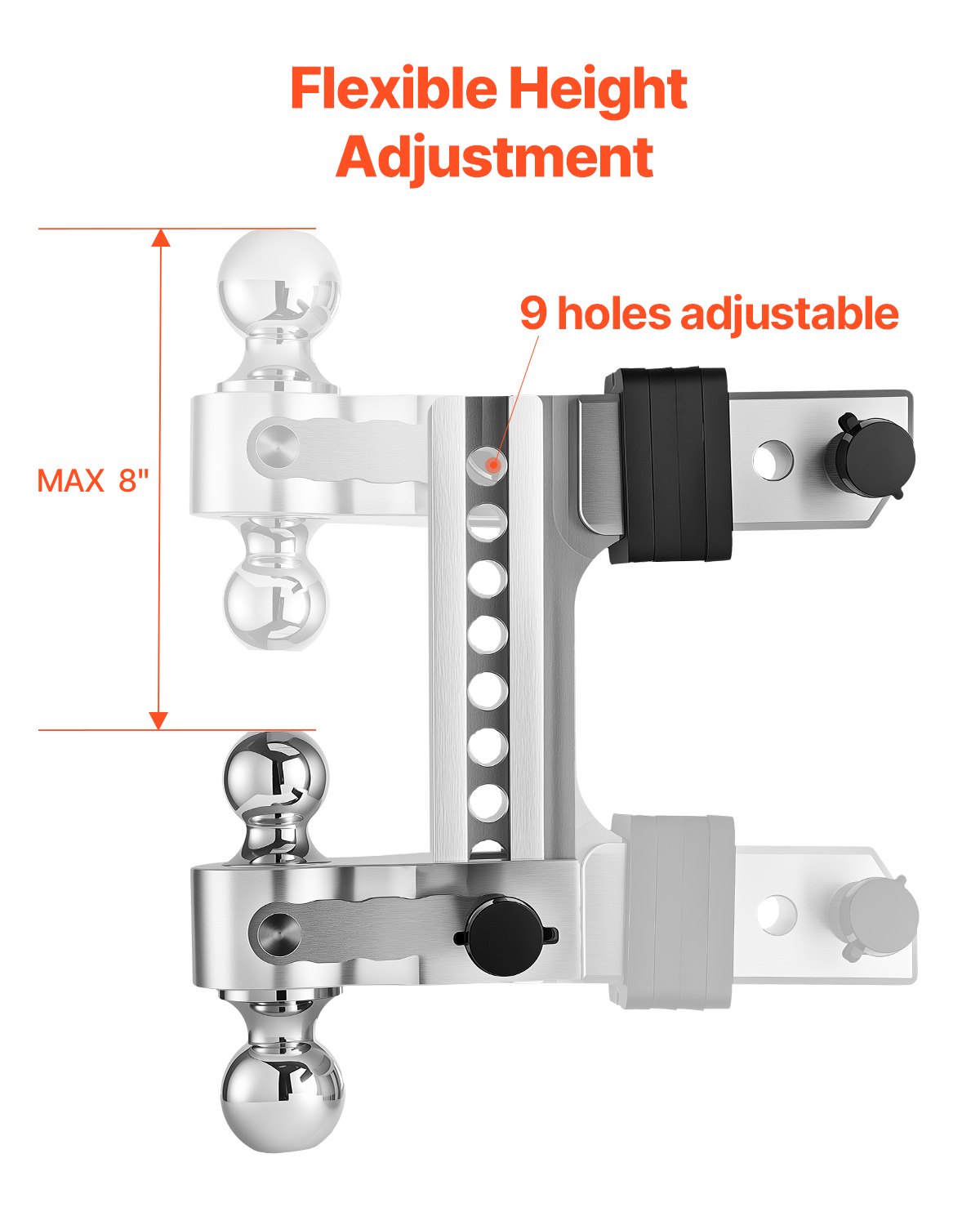 VEVOR Adjustable Trailer Hitch, 8-Inch Drop Hitch, Tri-Ball Mount for 2.5-Inch Hitch Receiver, Trailer Ball Size 1-7/8", 2" & 2-5/16", Max 18500 lbs Ball Hitch, Towing Hitch for RVs, ATVs, and Trucks