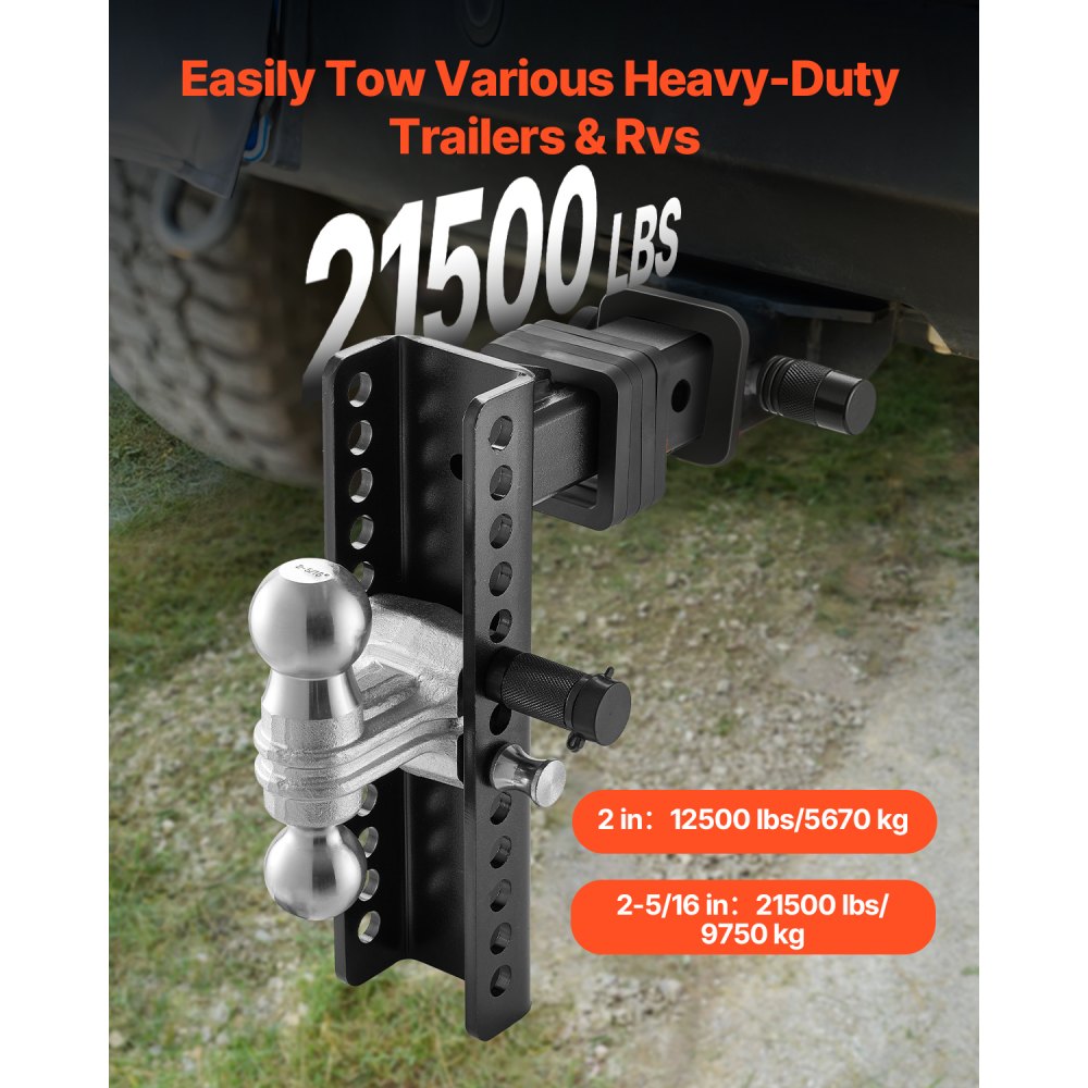 VEVOR Adjustable Trailer Hitch, 10-Inch Drop Hitch Ball Mount, Fit 2" Receiver, Heavy Duty Trailer Tow Hitch with 2" & 2-5/16"Balls, 21500 lbs GTW, Receiver Hitch with Anti-Theft Pin, Solid Ball Mount