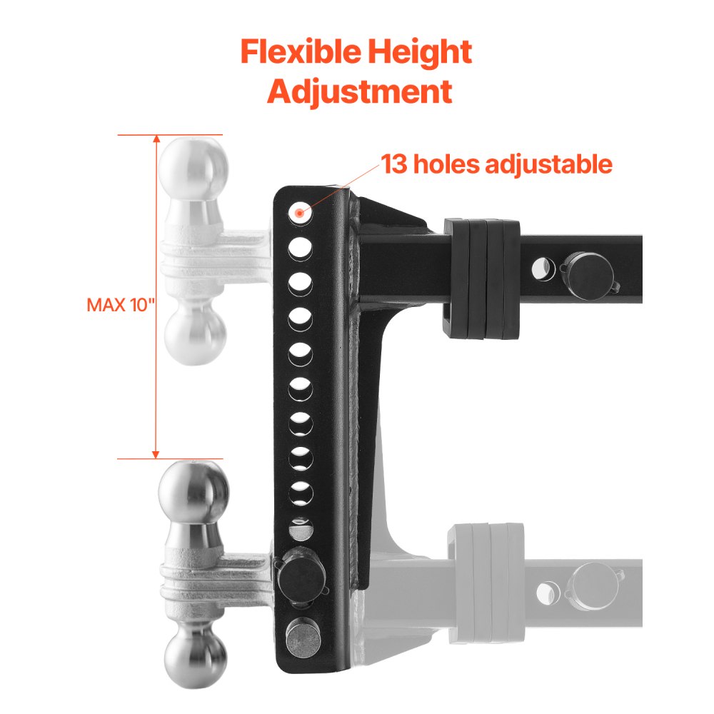 VEVOR Adjustable Trailer Hitch, 10-Inch Drop Hitch Ball Mount, Fit 2" Receiver, Heavy Duty Trailer Tow Hitch with 2" & 2-5/16"Balls, 21500 lbs GTW, Receiver Hitch with Anti-Theft Pin, Solid Ball Mount