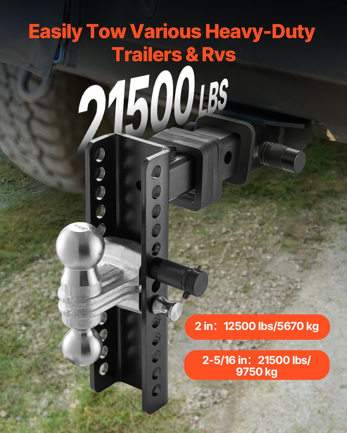 VEVOR Adjustable Trailer Hitch, 10-Inch Drop Hitch Ball Mount, Fit 2" Receiver, Heavy Duty Trailer Tow Hitch with 2" & 2-5/16"Balls, 21500 lbs GTW, Receiver Hitch with Anti-Theft Pin, Solid Ball Mount