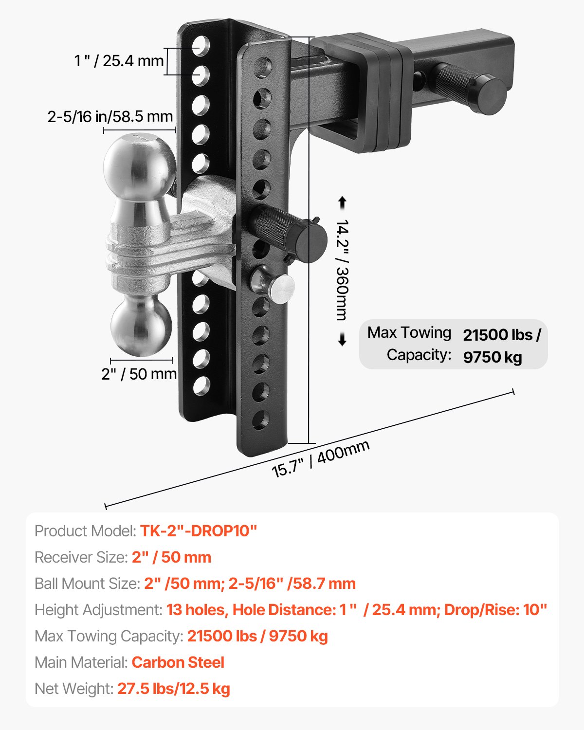 VEVOR Adjustable Trailer Hitch, 10-Inch Drop Hitch Ball Mount, Fit 2" Receiver, Heavy Duty Trailer Tow Hitch with 2" & 2-5/16"Balls, 21500 lbs GTW, Receiver Hitch with Anti-Theft Pin, Solid Ball Mount