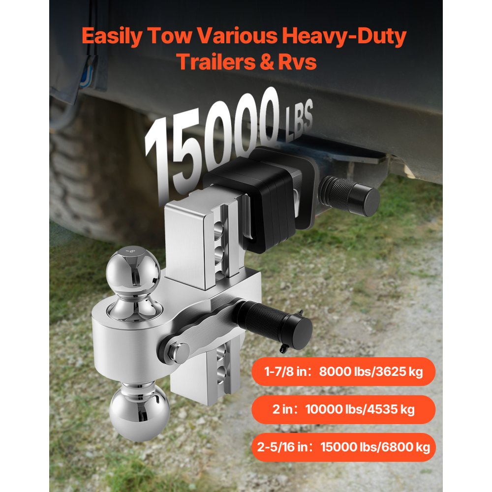 VEVOR Adjustable Trailer Hitch, 6-Inch Drop Hitch, Tri-Ball Mount for 2-Inch Hitch Receiver, Trailer Ball Size 1-7/8", 2" and 2-5/16", Max 15000 lbs Ball Hitch, Towing Hitch for RVs, ATVs, and Trucks