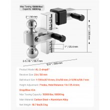 Adjustable Trailer Hitch 2" Receiver 6" Drop Tri-Ball Hitch 15000 lbs