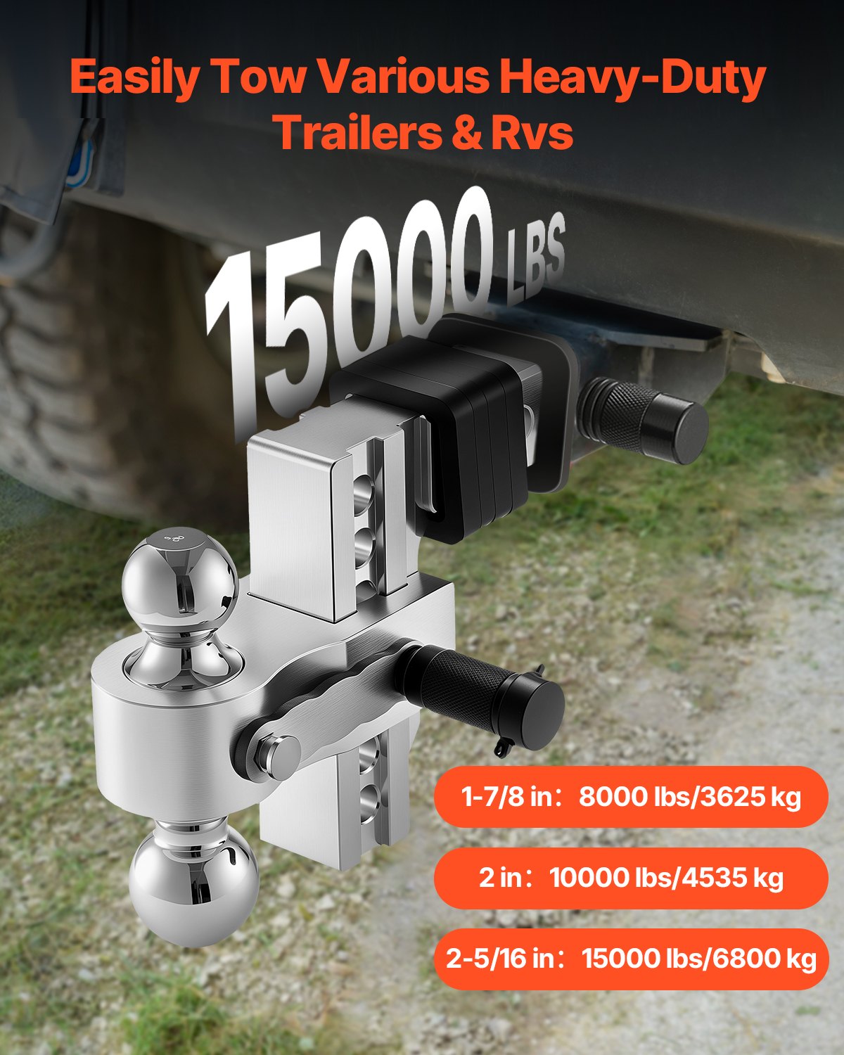 VEVOR Adjustable Trailer Hitch, 6-Inch Drop Hitch, Tri-Ball Mount for 2-Inch Hitch Receiver, Trailer Ball Size 1-7/8", 2" and 2-5/16", Max 15000 lbs Ball Hitch, Towing Hitch for RVs, ATVs, and Trucks