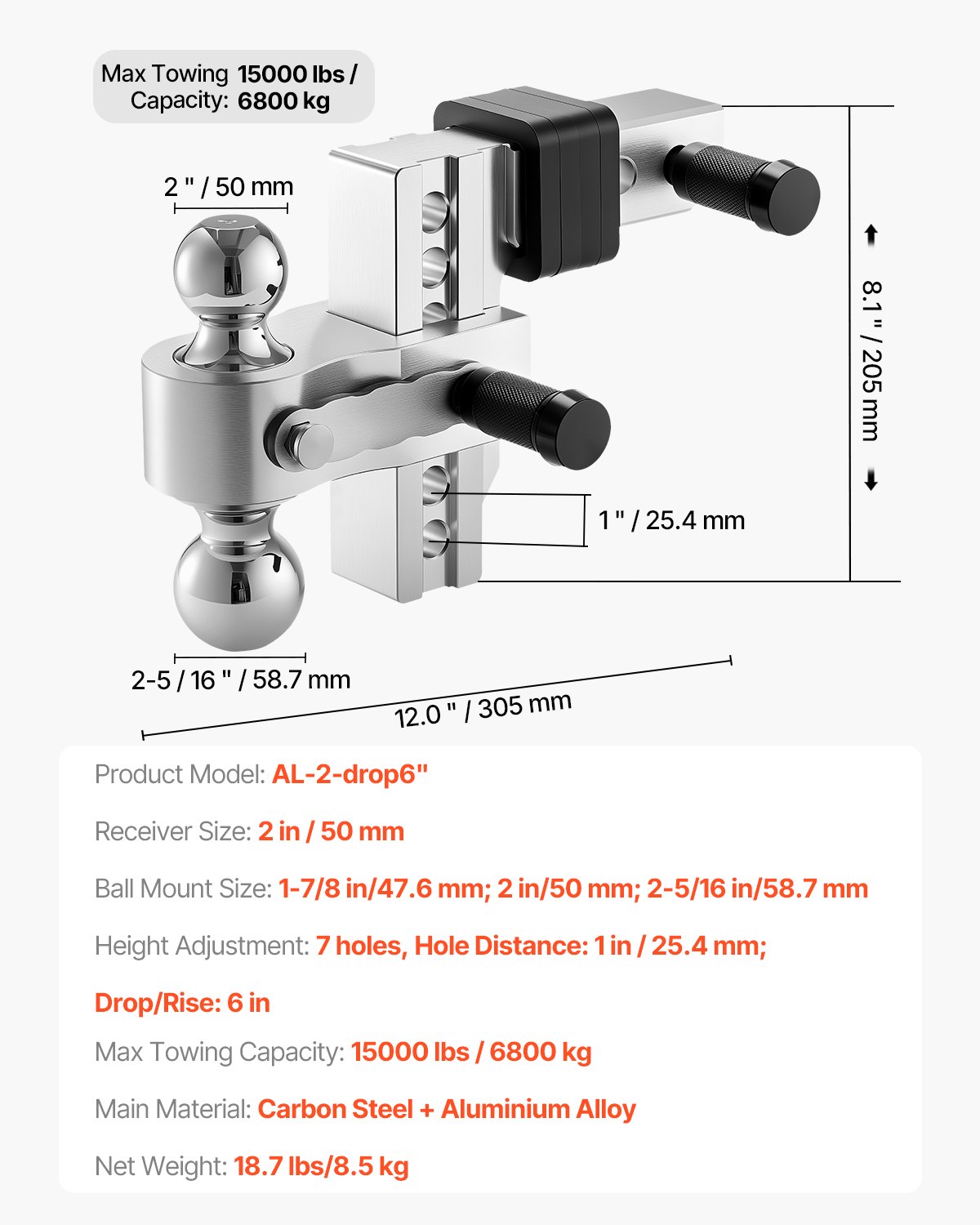 VEVOR Adjustable Trailer Hitch, 6-Inch Drop Hitch, Tri-Ball Mount for 2-Inch Hitch Receiver, Trailer Ball Size 1-7/8", 2" and 2-5/16", Max 15000 lbs Ball Hitch, Towing Hitch for RVs, ATVs, and Trucks