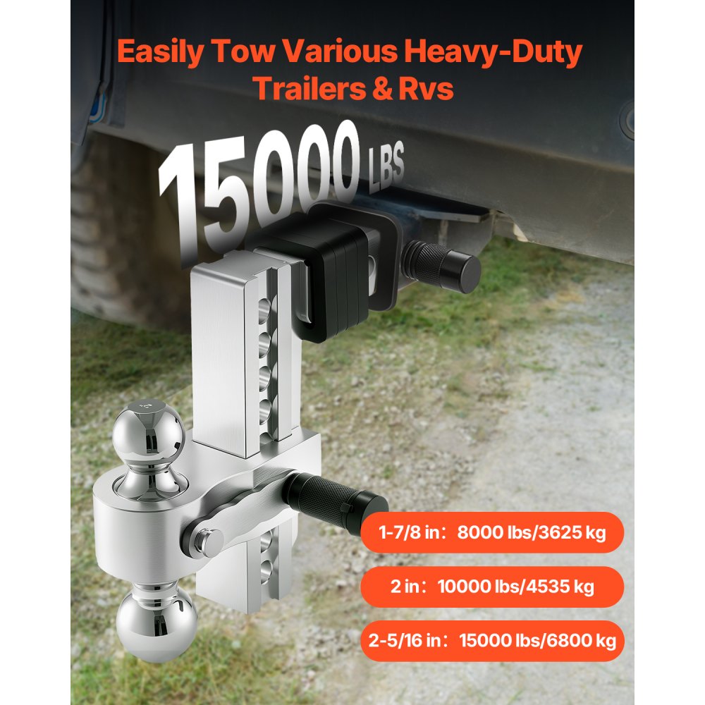 VEVOR Adjustable Trailer Hitch, 8-Inch Drop Hitch, Tri-Ball Mount for 2-Inch Hitch Receiver, Trailer Ball Size 1-7/8", 2" and 2-5/16", Max 15000 lbs Ball Hitch, Towing Hitch for RVs, ATVs, and Trucks