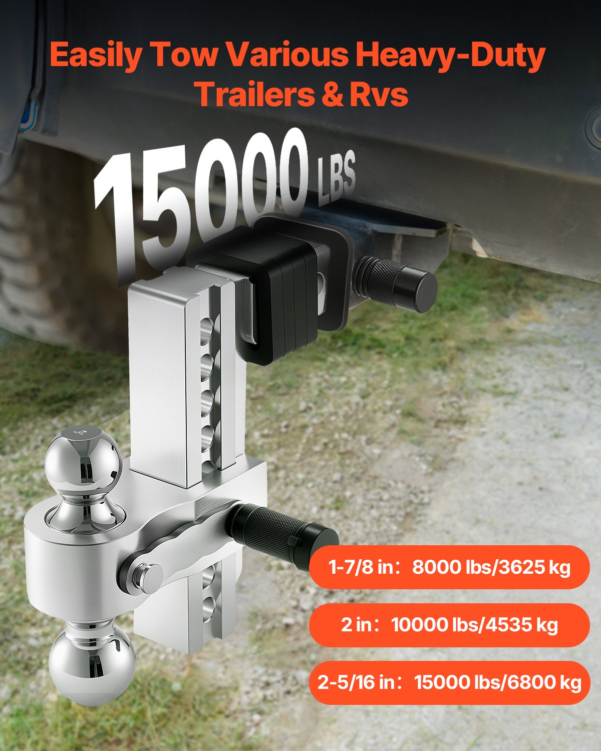 VEVOR Adjustable Trailer Hitch, 8-Inch Drop Hitch, Tri-Ball Mount for 2-Inch Hitch Receiver, Trailer Ball Size 1-7/8", 2" and 2-5/16", Max 15000 lbs Ball Hitch, Towing Hitch for RVs, ATVs, and Trucks