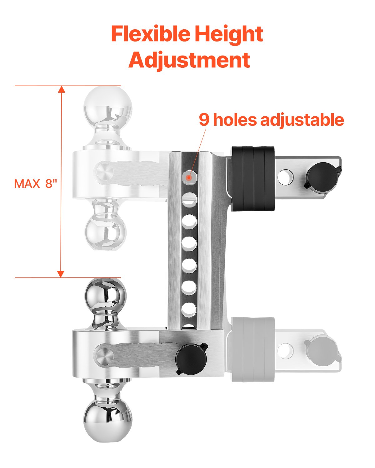 VEVOR Adjustable Trailer Hitch, 8-Inch Drop Hitch, Tri-Ball Mount for 2-Inch Hitch Receiver, Trailer Ball Size 1-7/8", 2" and 2-5/16", Max 15000 lbs Ball Hitch, Towing Hitch for RVs, ATVs, and Trucks