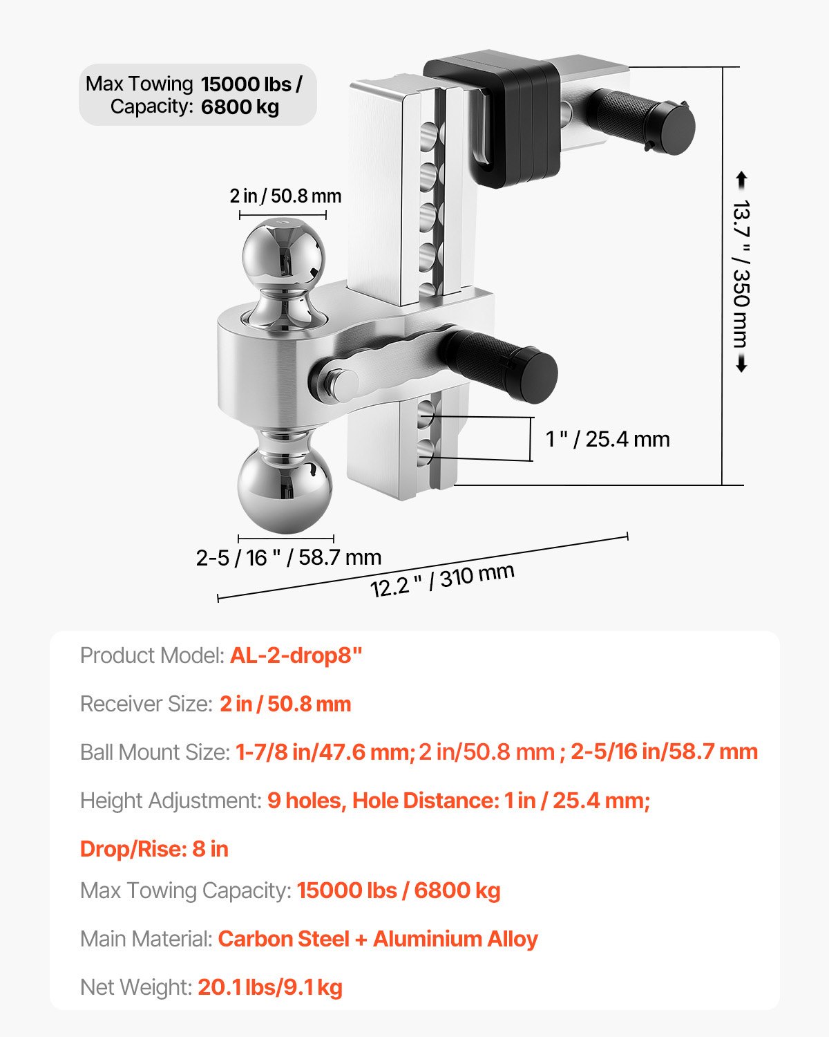 VEVOR Adjustable Trailer Hitch, 8-Inch Drop Hitch, Tri-Ball Mount for 2-Inch Hitch Receiver, Trailer Ball Size 1-7/8", 2" and 2-5/16", Max 15000 lbs Ball Hitch, Towing Hitch for RVs, ATVs, and Trucks