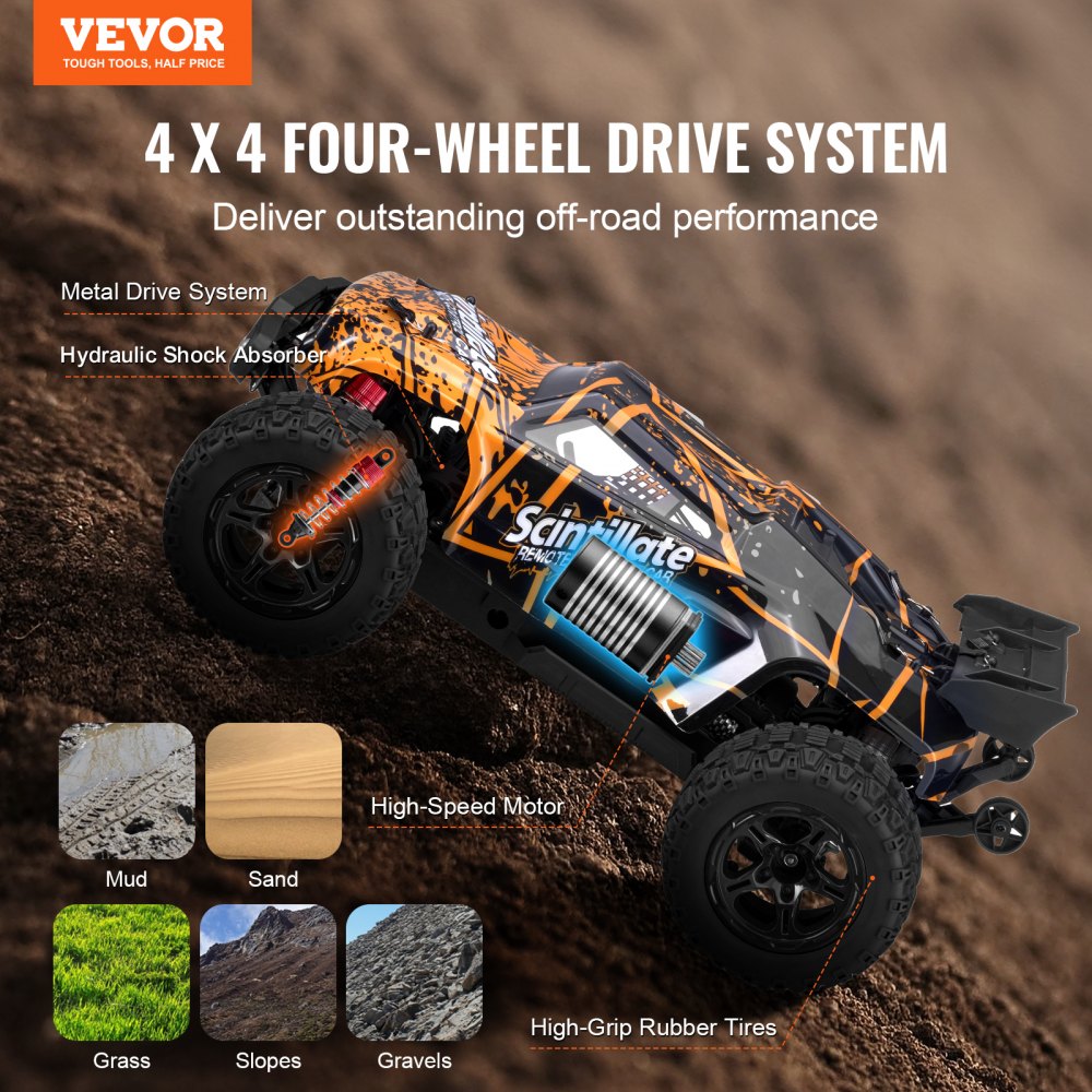 VEVOR Remote Control Car, 1:10 Scale RC Car for Kids,  All Terrain 4WD Off-Road Truck with 45° Wheelie & Adjustable Speed, 50 km/h High-Speed Hobby RC Racing Car Toy, Ideal Gift for 8+ Year Kids, IPX4