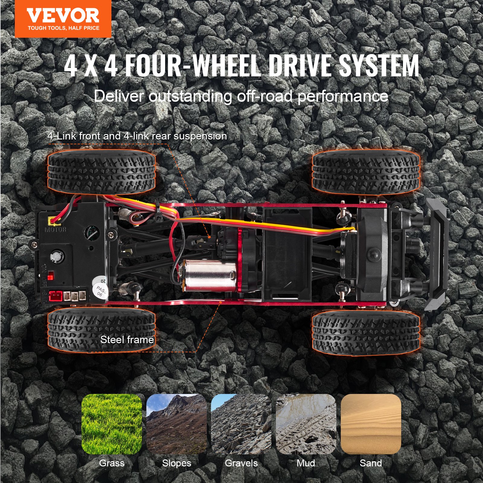 VEVOR Remote Control Car, 1:24 Scale RC Car for Kids, All Terrain 4WD Off-Road Truck with Full Lighting, 1 Extra Shell & 2 Rechargeable Batteries, 2-Speed Hobby Racing Car for 14+ Years Boys Girls