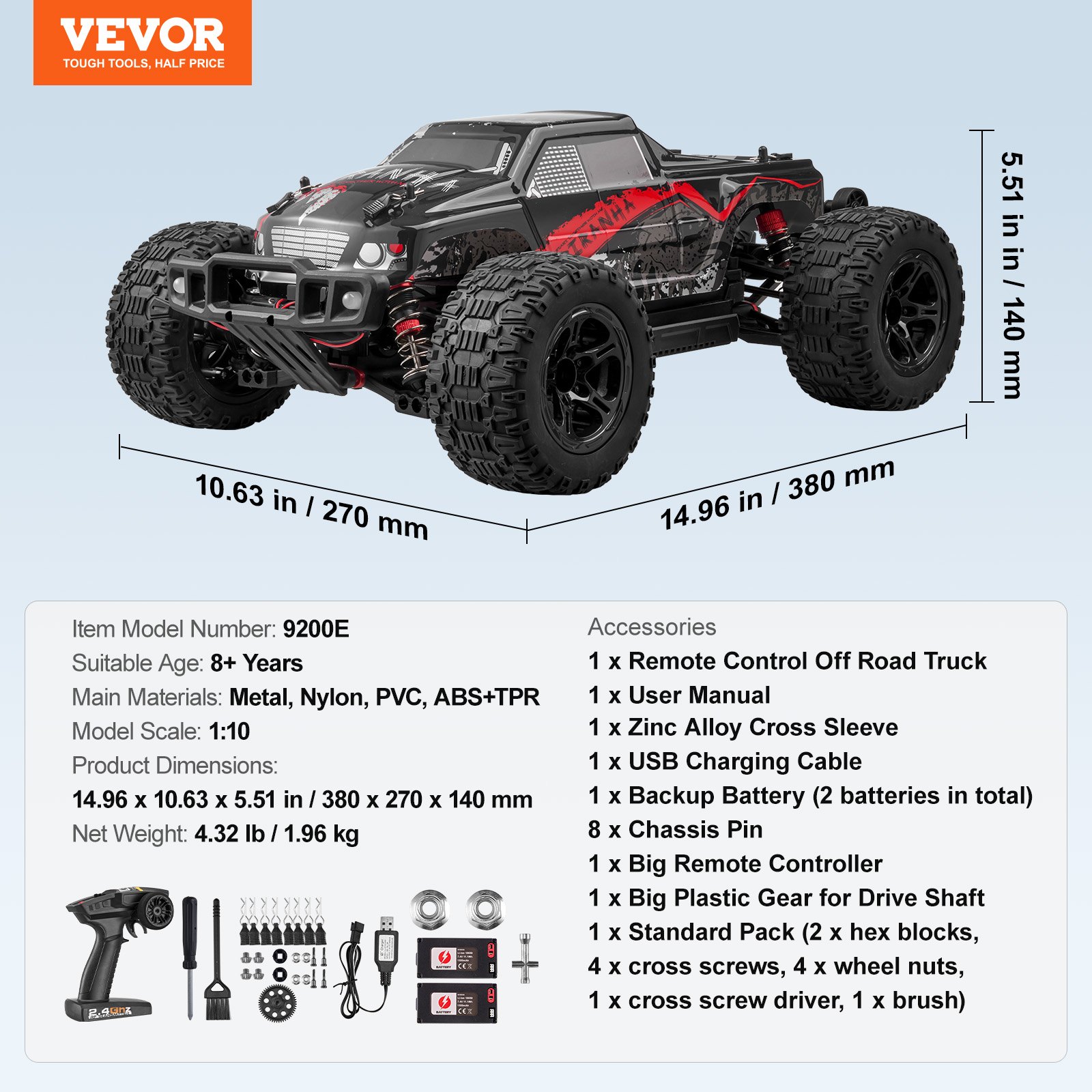 VEVOR Remote Control Car, 1:10 Scale RC Car for Kids, All Terrain 4WD Off-Road Monster Truck with 45° Wheelie & 2 Batteries, 38 km/h High Speed Hobby Racing Car - Ideal Gift for 8+ Years Kids, IPX4