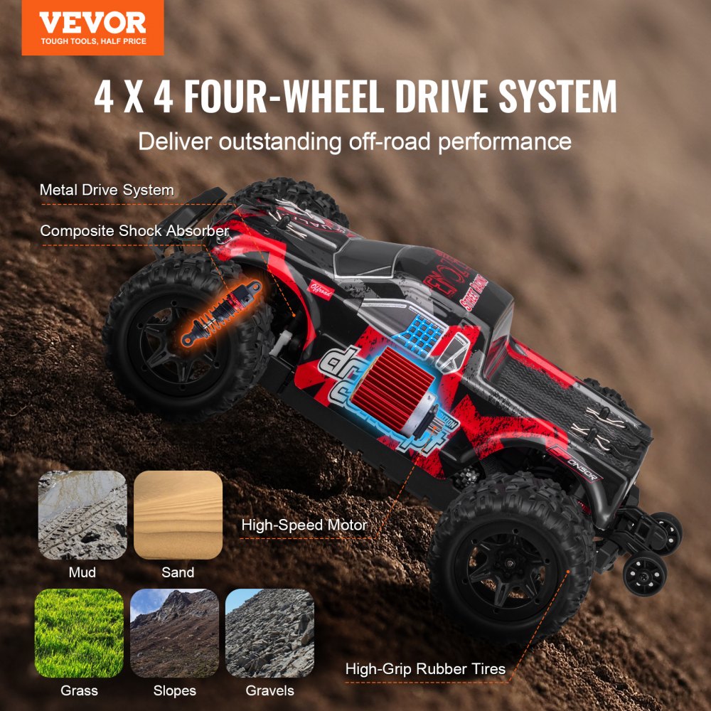 VEVOR Remote Control Car, 1:18 Scale RC Car for Kids, All Terrain 4WD Off-Road Monster Truck with 45° Wheelie & 2 Batteries, 36 km/h High Speed Hobby Racing Car, Ideal Gift for 8+ Years Kids, IPX4