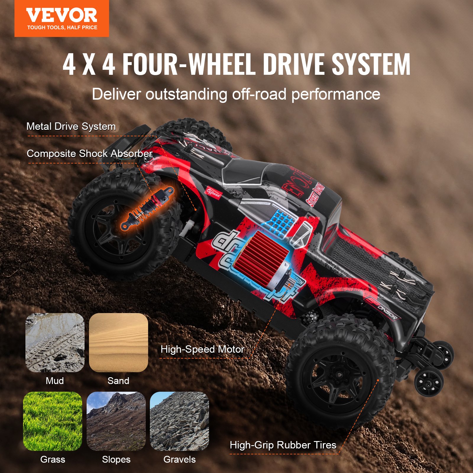 VEVOR Remote Control Car, 1:18 Scale RC Car for Kids, All Terrain 4WD Off-Road Monster Truck with 45° Wheelie & 2 Batteries, 36 km/h High Speed Hobby Racing Car, Ideal Gift for 8+ Years Kids, IPX4
