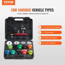 VEVOR 14 pcs Universal Radiator Pressure Tester Kit, Coolant Pressure Tester Kit with Manual Pump and Color-coded Steel Test Cap Adapters, with Toolbox, For Cars Motorcycles Trucks Cooling System