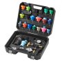 VEVOR radiator pressure tester kit with colorful adapters in a black carrying case.