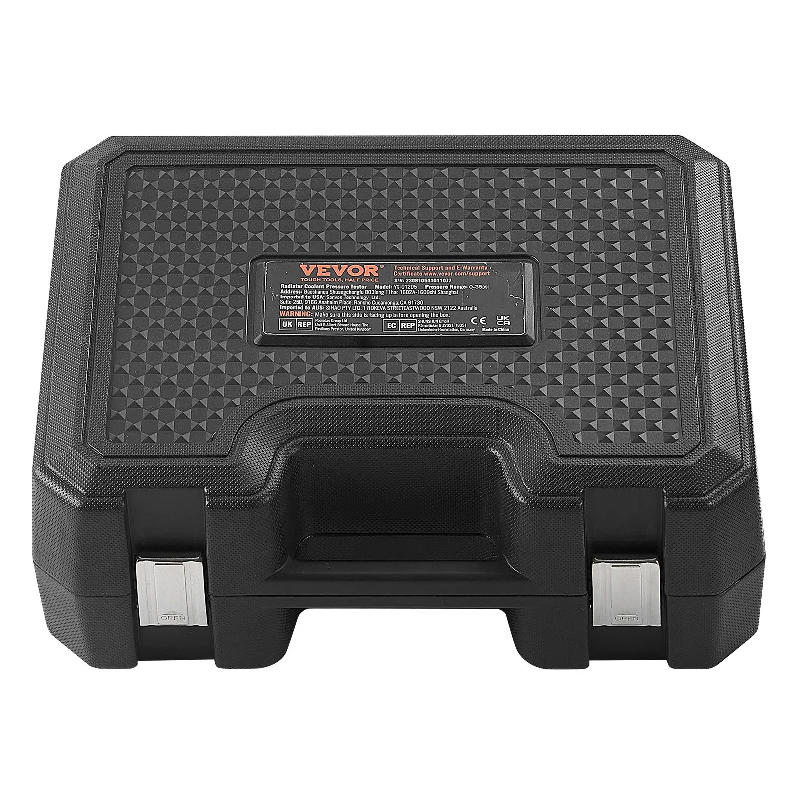 black carrying case with a geometric pattern and VEVOR branding for the VEVOR radiator pressure tester.
