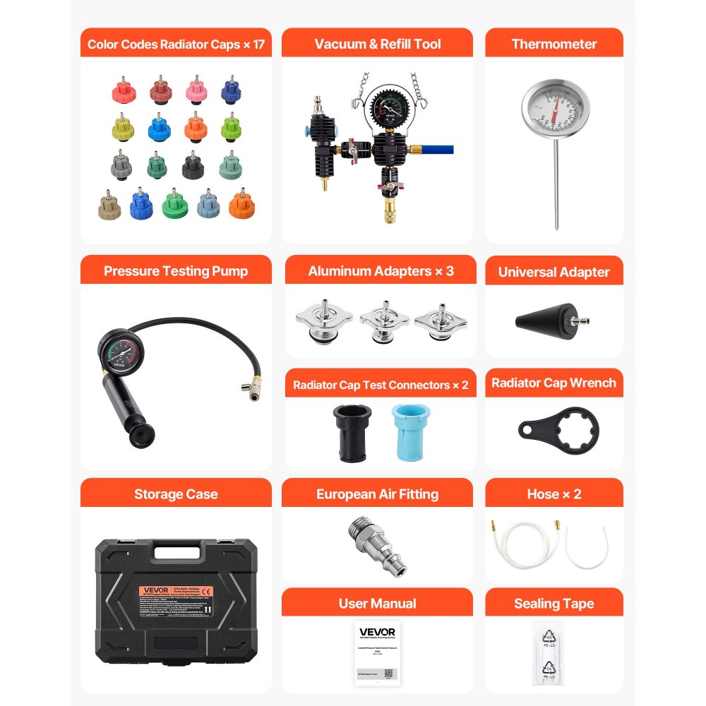 VEVOR Coolant Pressure Tester Kit, 47Pcs Radiator Vacuum Refill Kit with 3 Metal Adapters, Universal Fit, Automotive Cooling System Pressure Tester Tool, with Pressures Pump & Plastic Filler