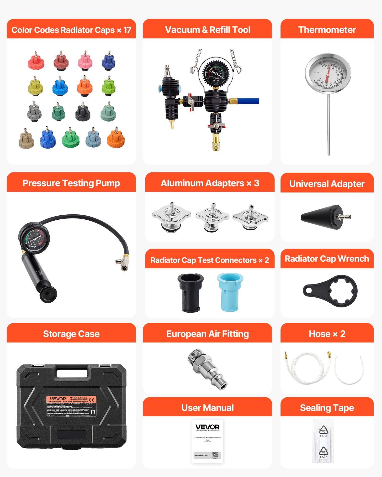 VEVOR Coolant Pressure Tester Kit, 47Pcs Radiator Vacuum Refill Kit with 3 Metal Adapters, Universal Fit, Automotive Cooling System Pressure Tester Tool, with Pressures Pump & Plastic Filler