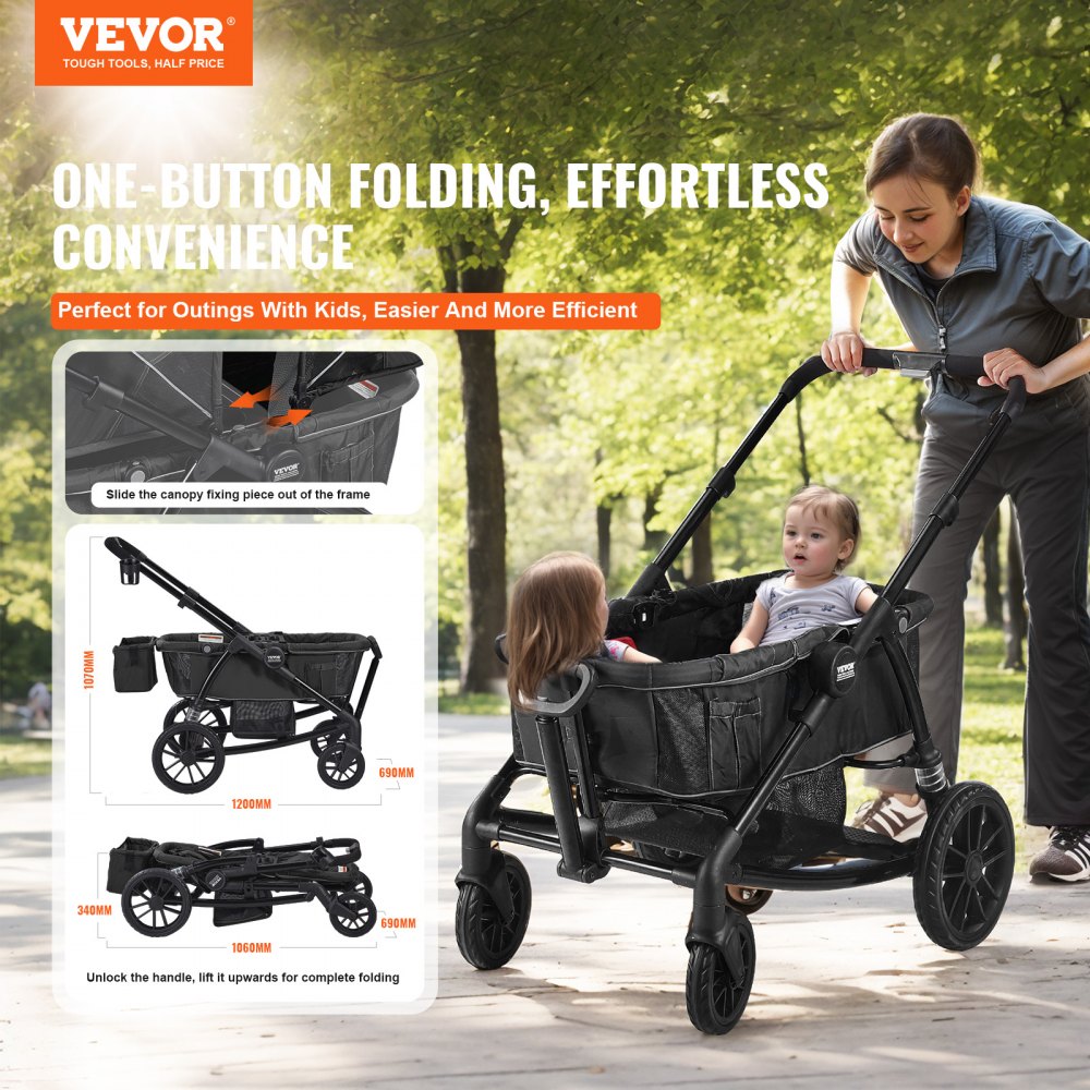 VEVOR All-Terrain Stroller Wagon, 2 Seats Foldable Expedition 2-in-1 Collapsible Wagon Stroller, Includes Canopy, Parent Organizer, Snack Tray & Cup Holders, 55lbs for Single Seat, Black