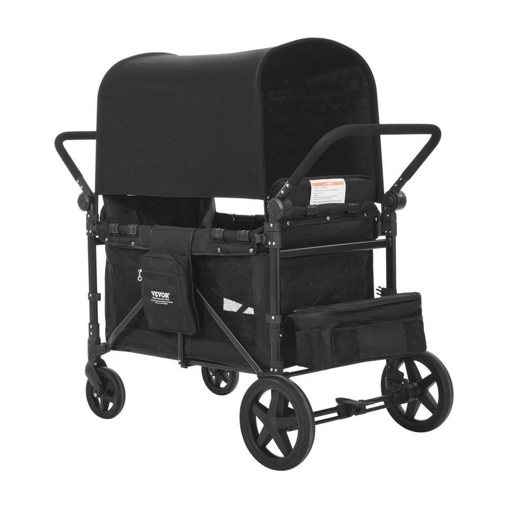 VEVOR Wagon Stroller for 4 Kids, Push Pull Quad Collapsible Stroller with Adjustable Handle, 5-Point Safety Harness & Removable Canopy, 4-Seater Stroller Wagon for Camping, Black (330LBS Loading)