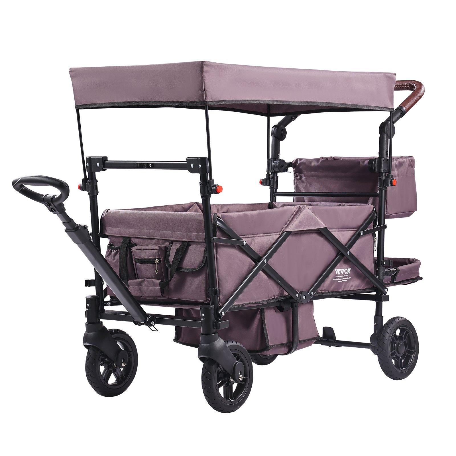 Kočárek VEVOR Wagon pro 2 děti, skládací čtyřkolka s nastavitelnou rukojetí, pásy, odnímatelná stříška, 4 kola s brzdami, multifunkční tandemový kočárek pro kempování, tmavě fialový