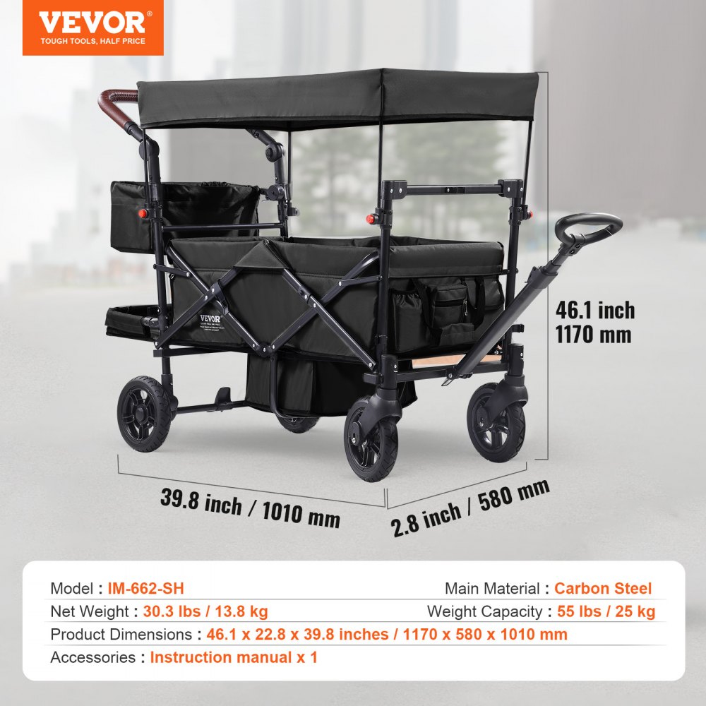 VEVOR Wagon Stroller for 2 Kids, Push Pull Quad Collapsible Stroller with Adjustable Handle, Encircling Harness Removable Canopy, 4 Wheels w/ Brakes, Mutifunction Tandem Stroller for Camping Black