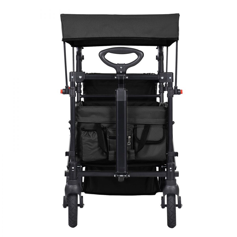 VEVOR Wagon Stroller for 2 Kids, Push Pull Quad Collapsible Stroller with Adjustable Handle, Encircling Harness Removable Canopy, 4 Wheels w/ Brakes, Mutifunction Tandem Stroller for Camping Black